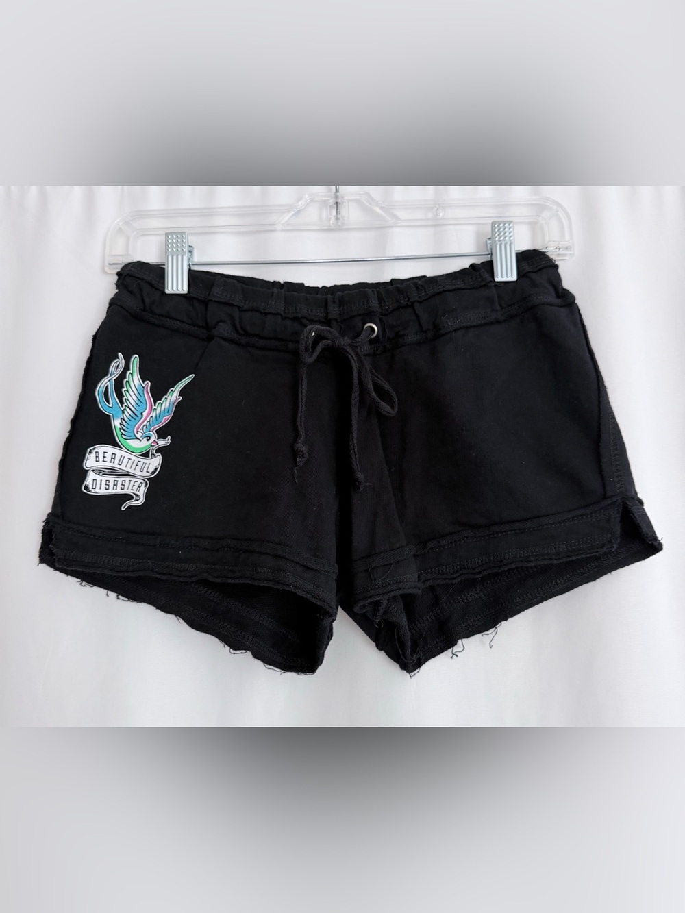 Beautiful Disaster Black Lounge Shorts Bird Graphic Quote Drawstring M